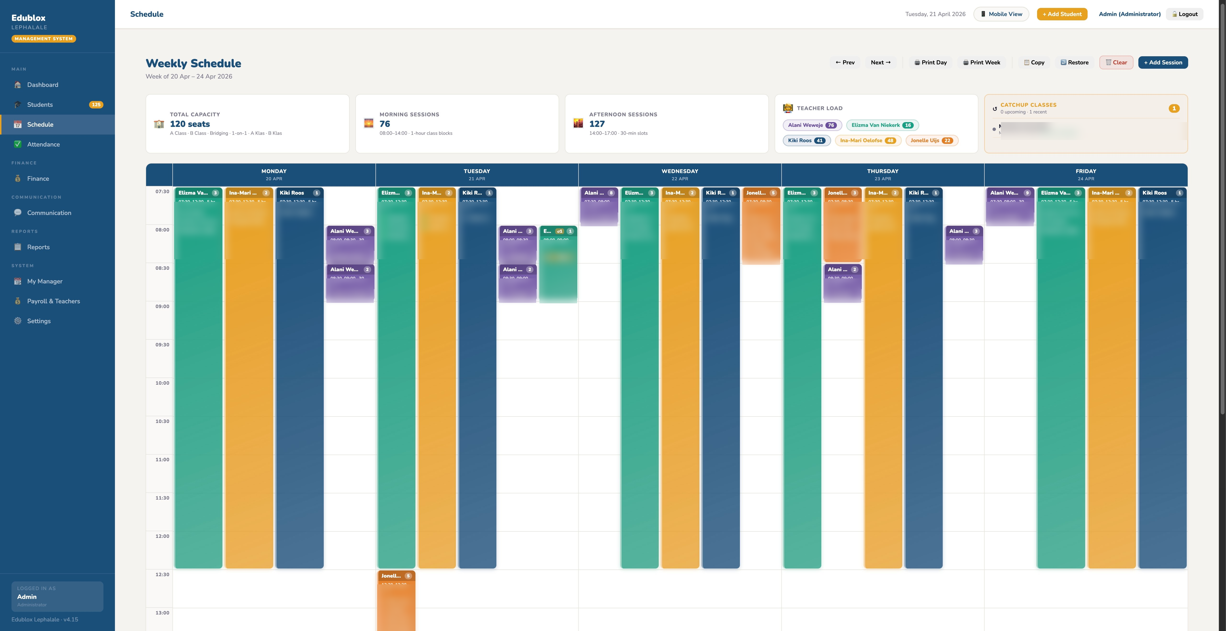 Weekly schedule view showing colour-coded session blocks across five days, with student names blurred for privacy
