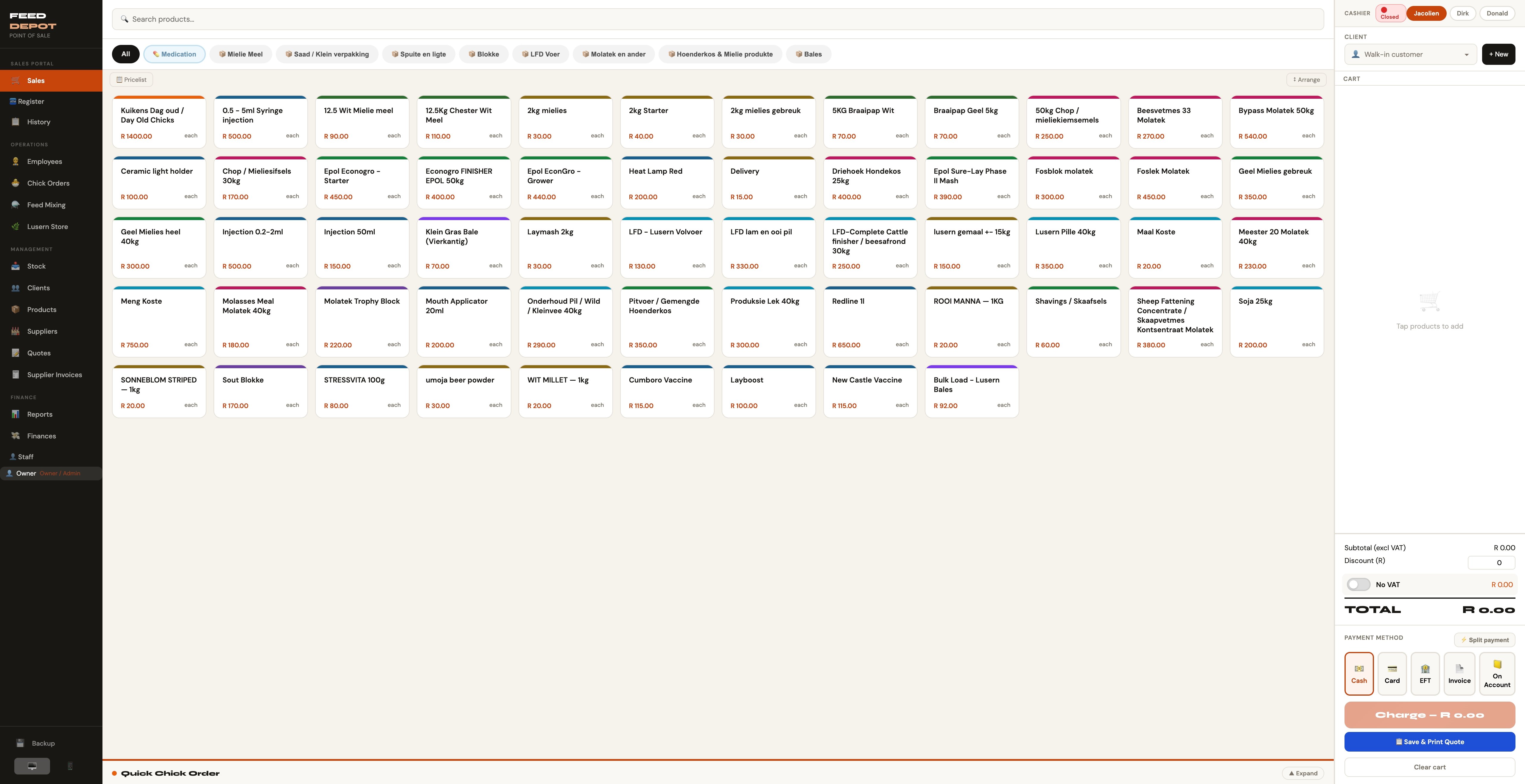 Feed Depot point-of-sale interface showing product grid, cart, and payment options