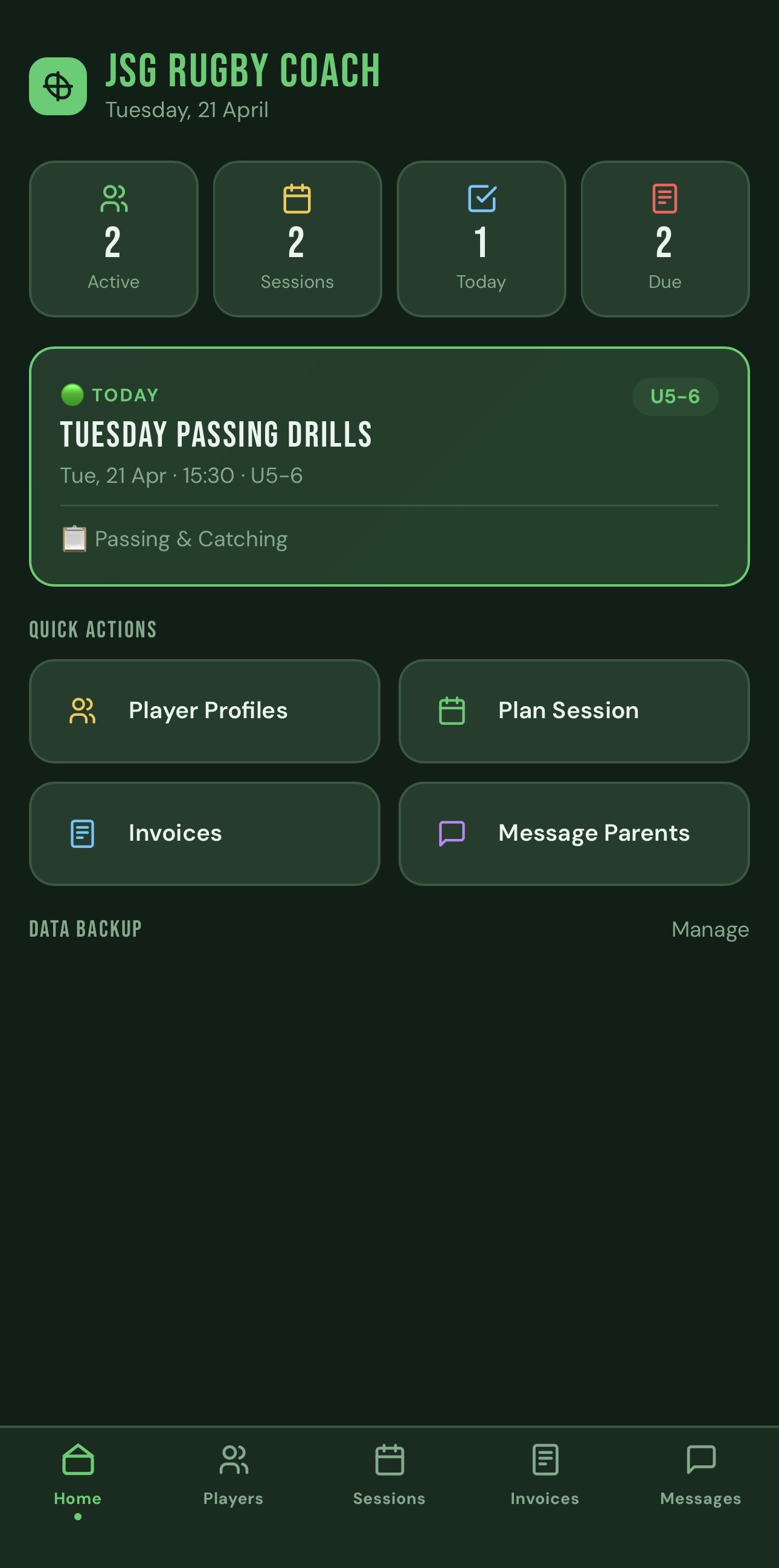 JSG Rugby Coach mobile app showing today's session, quick actions, and player counts